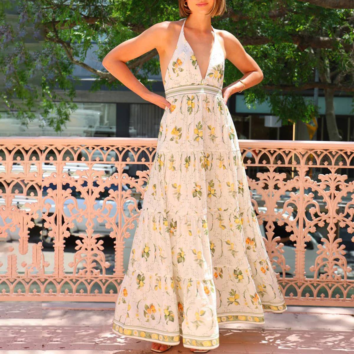 Sweet Dress With Halter Neck And Deep V-Neck