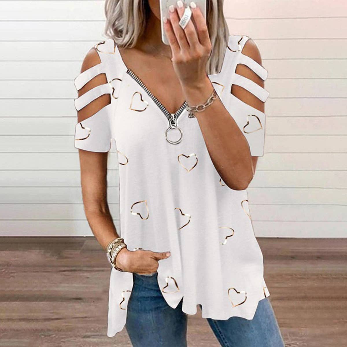 V-Neck Zip-Up Print Short-Sleeved Baggy Blouse