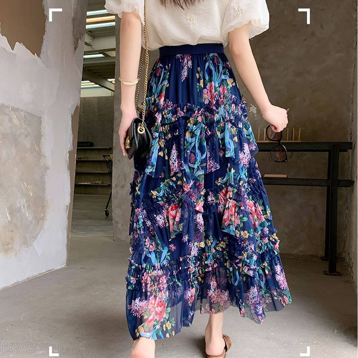 COLORFUL FLORAL MESH PRINT PLEATED TULLE SKIRT_CWBLS0399