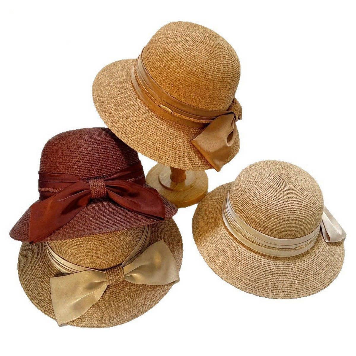 RAFFIA FASHION BOW ROUND TOP STRAW HAT_CWAH3588
