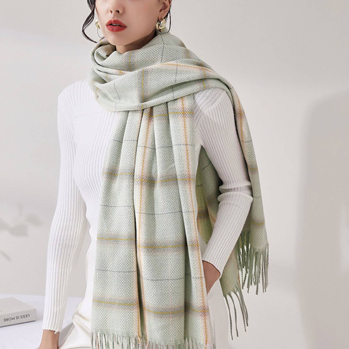 PLAID FAUX CASHMERE SCARF TASSEL WINTER SHAWL_CWASC0218