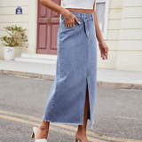 Wome Washed Denim Maxi Skirt Asymmetrical_Cwjsk0205