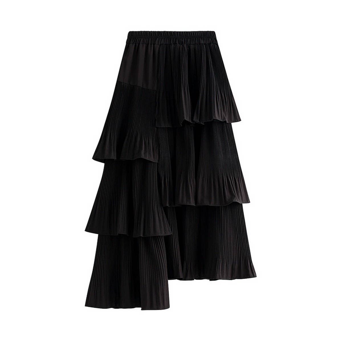 ASYMMETRICAL RUFFLED PLEATED TIERED MIDI SKIRT_CWBMS0392