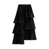 ASYMMETRICAL RUFFLED PLEATED TIERED MIDI SKIRT_CWBMS0392