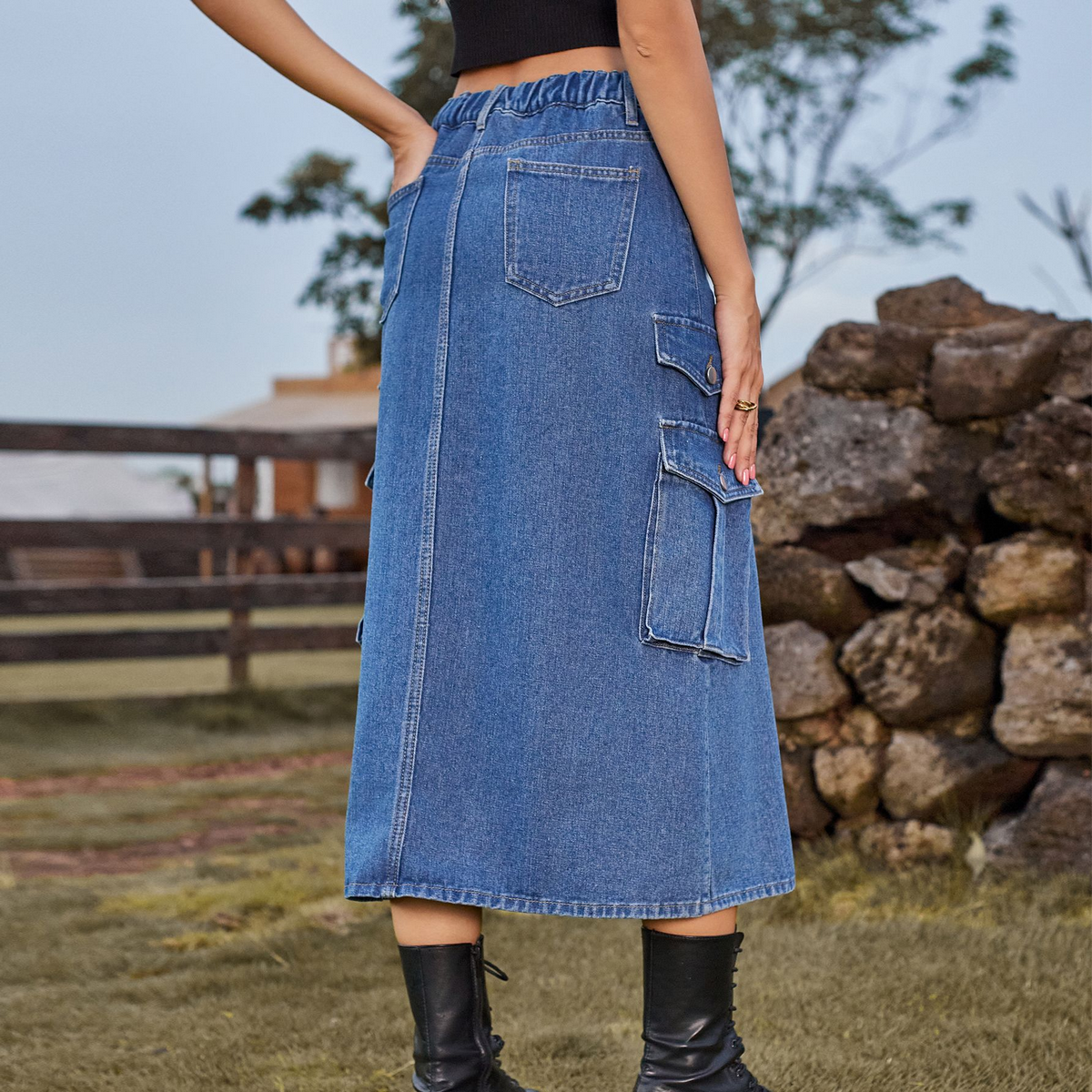 Wome Casual Denim Midi Skirt Elastic Waist_Cwjsk0204