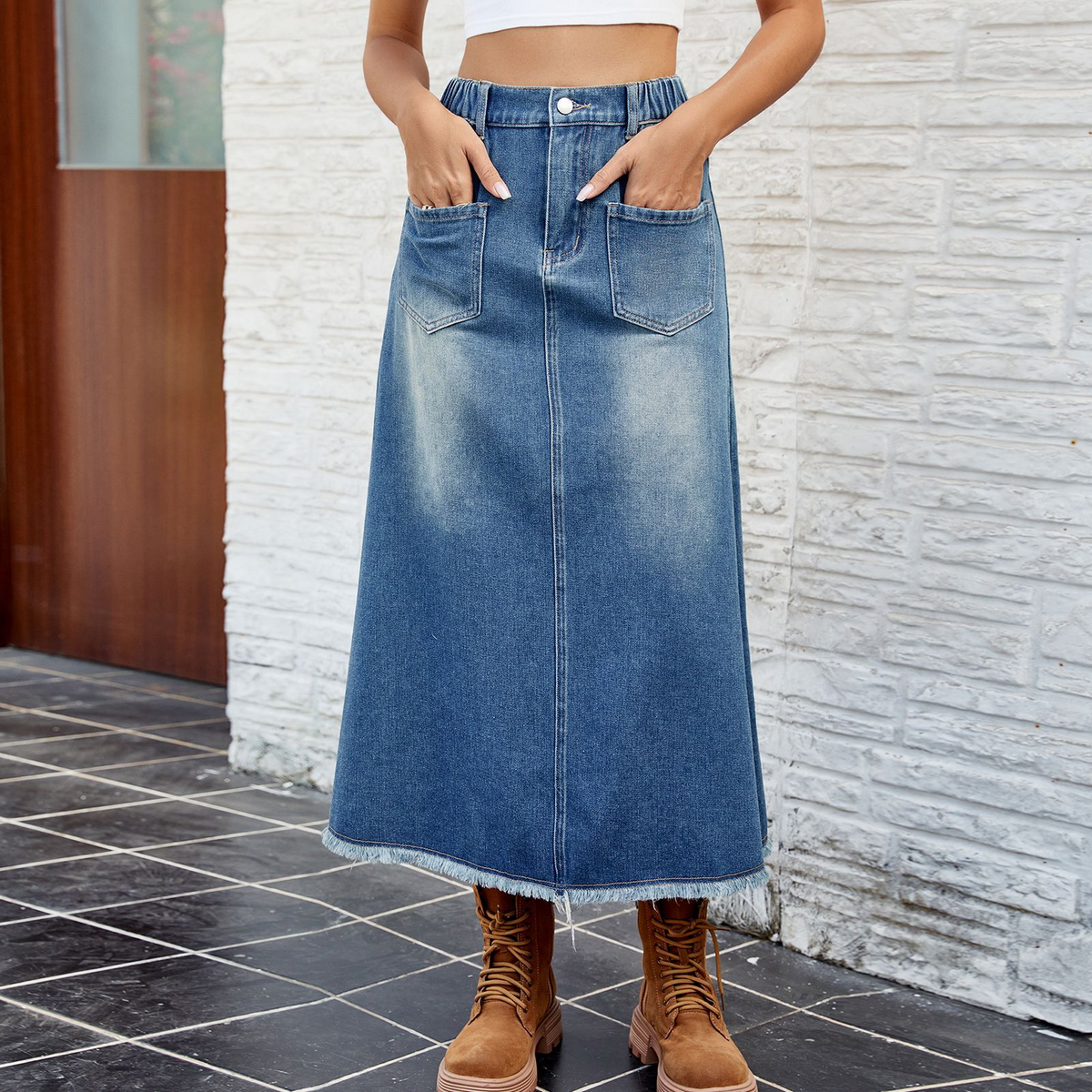 Wome Washed Denim Midi Skirt With Raw Hem_Cwjsk0199