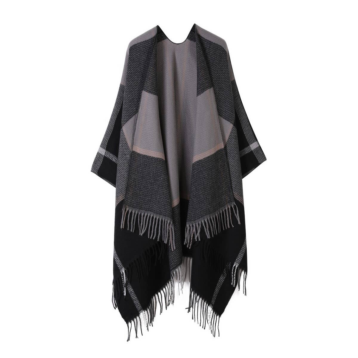 FRINGED SHAWL PLAID SCARF FAUX CASHMERE SLIT CAPE_CWASC2258