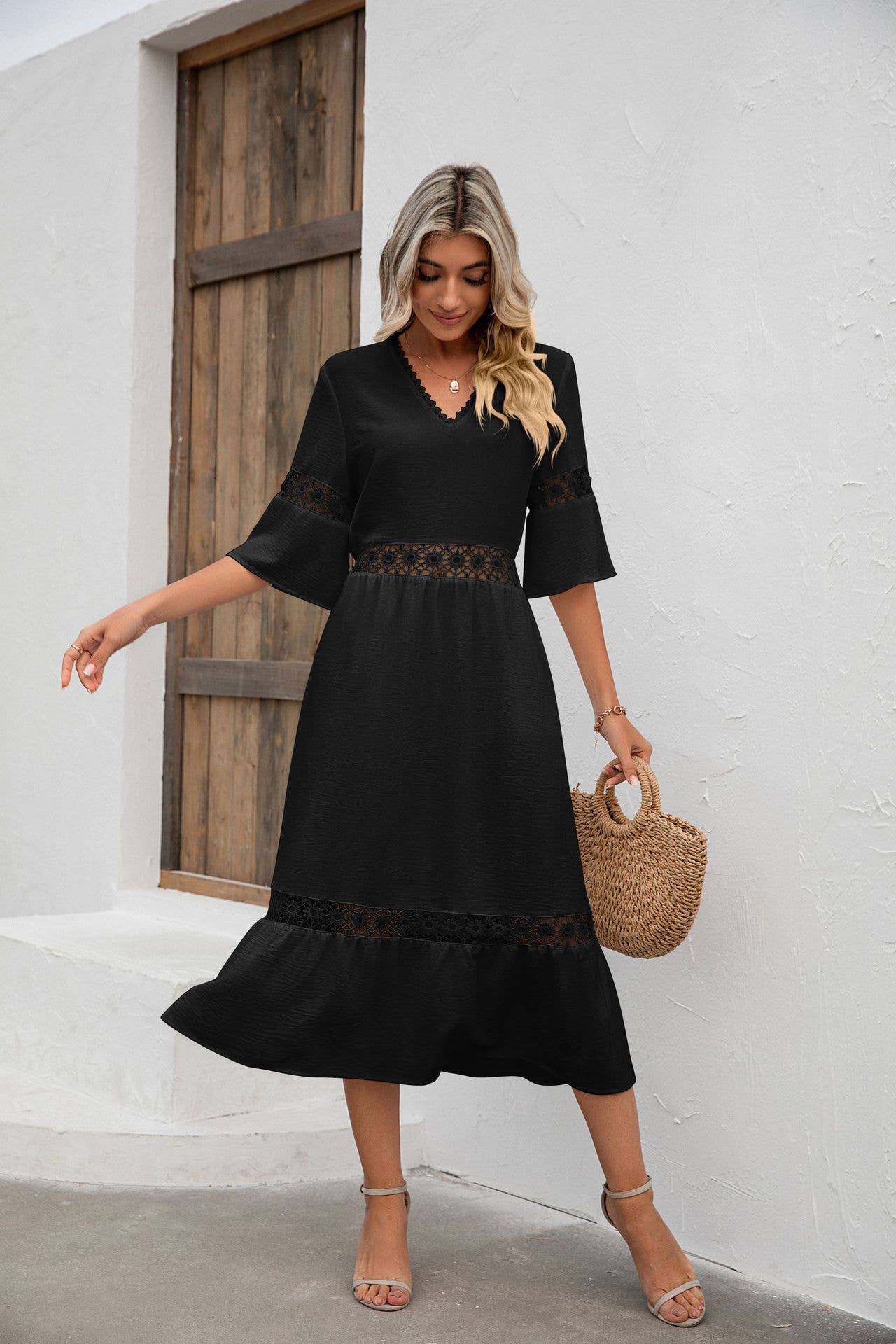 V-Neck Cutout Lace Patchwork Mid-Waist Dress