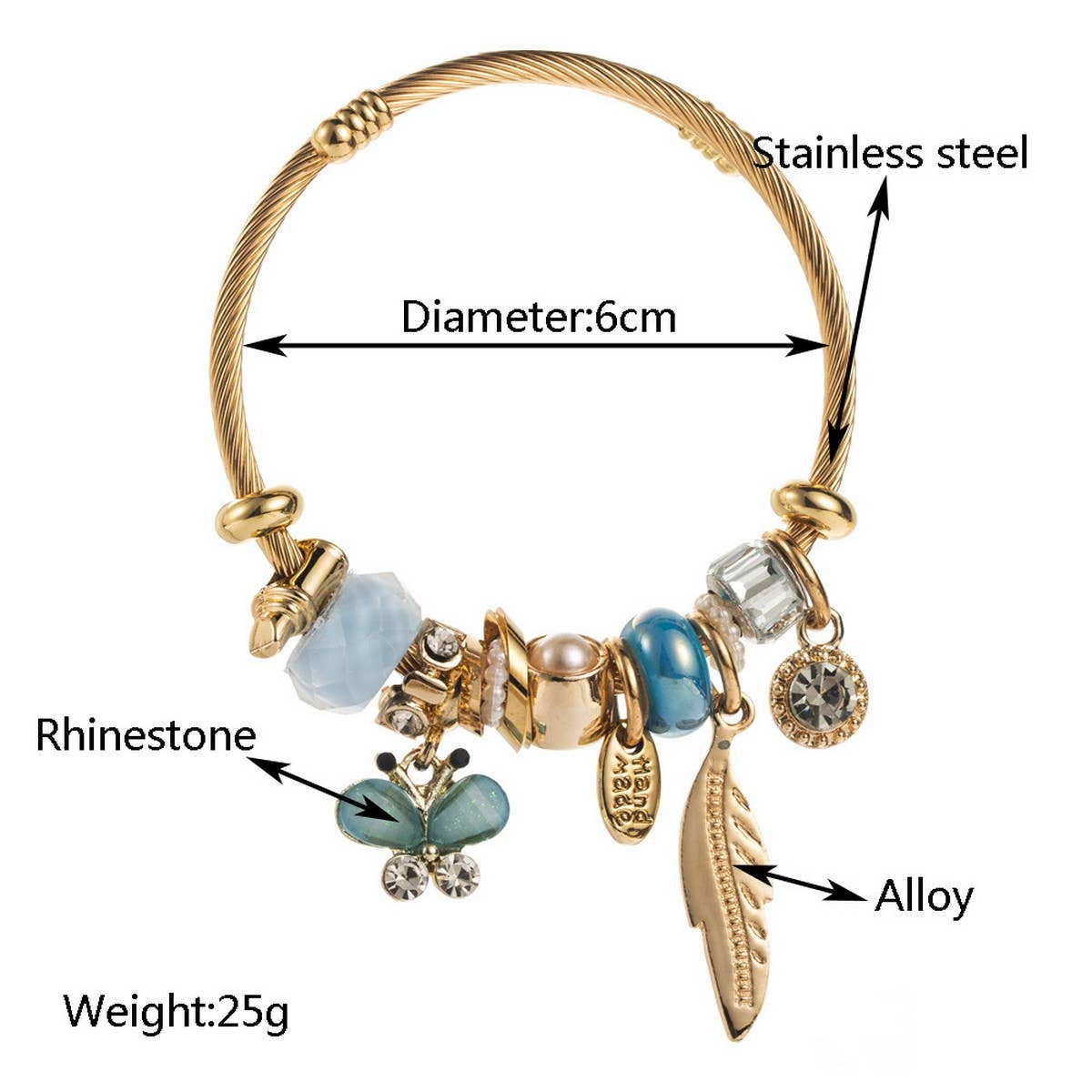 BEADED STEEL BRACELET WITH LEAF BUTTERFLY_CWMM8618