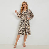 V-Neck Printed Waistline Casual Long-Sleeved Dress