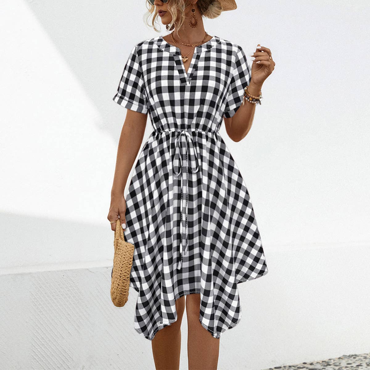 V-Neck Plaid Irregular Dress