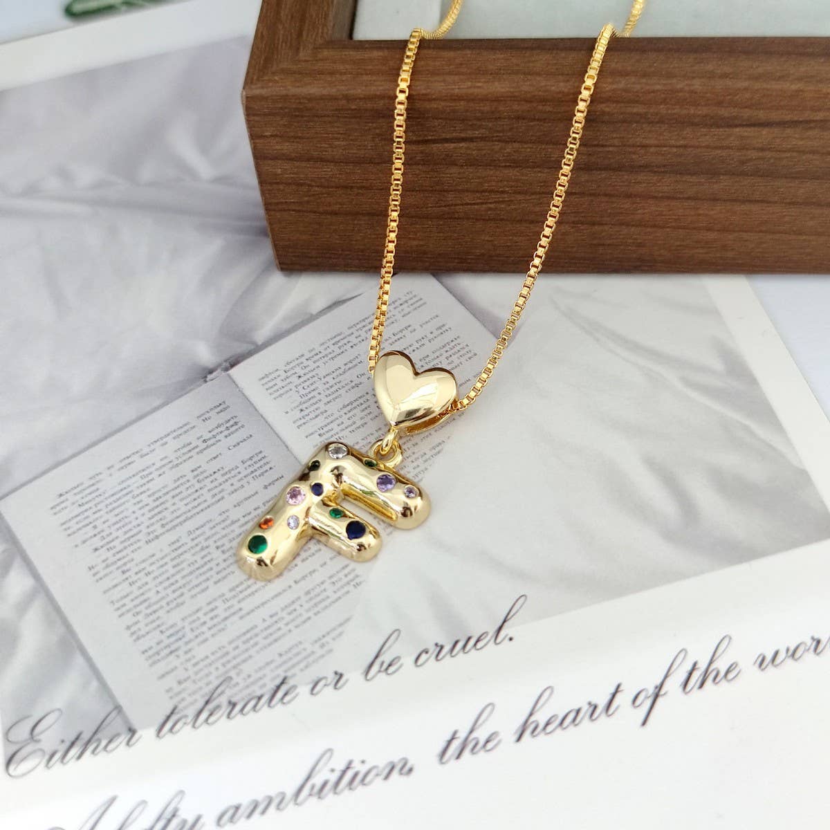 COLORFUL ZIRCONIA HEART LETTER PENDANT NECKLACE_CWMM5875