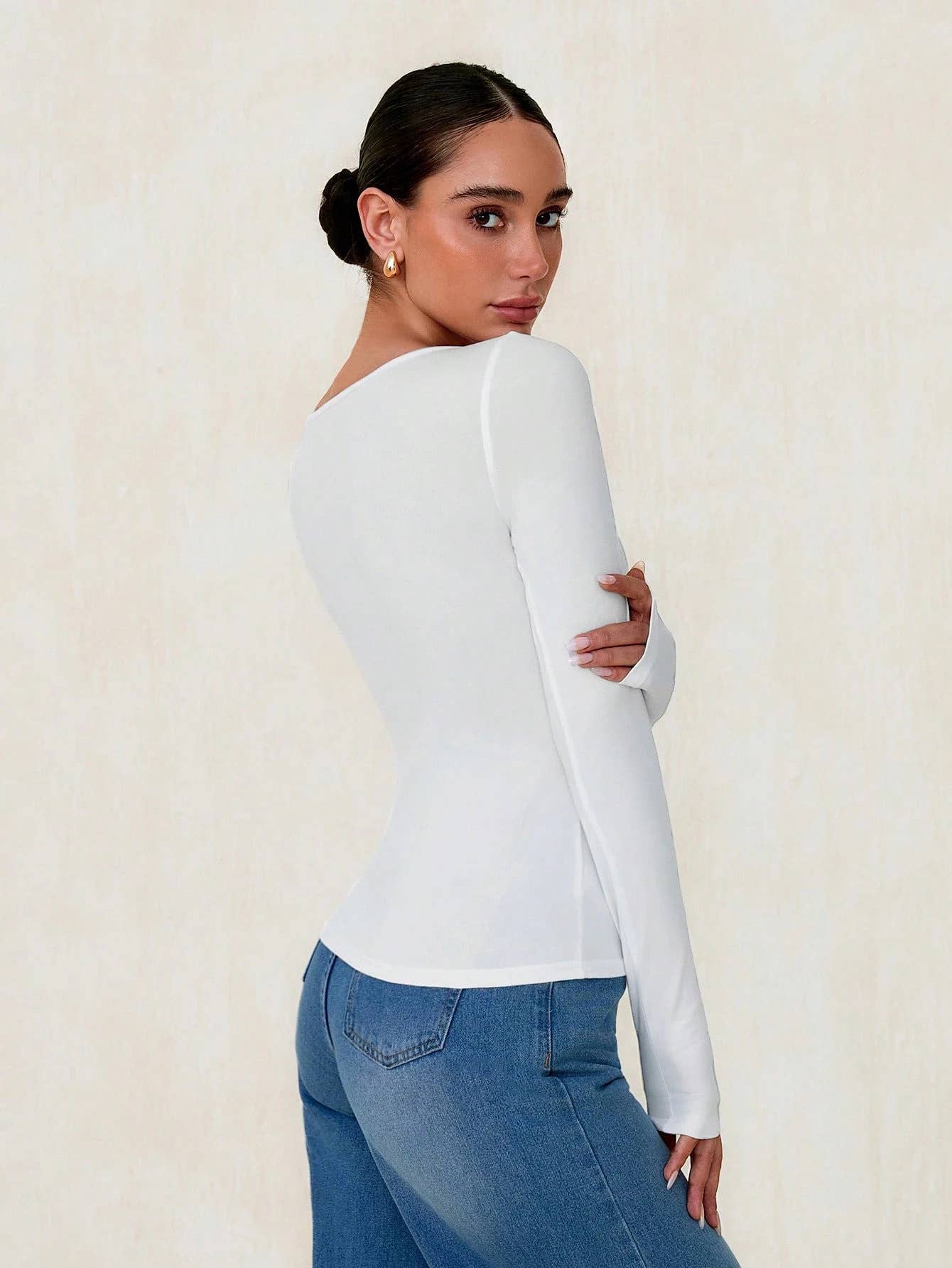 Solid-Color Long-Sleeved Lace-Up Fitted Top