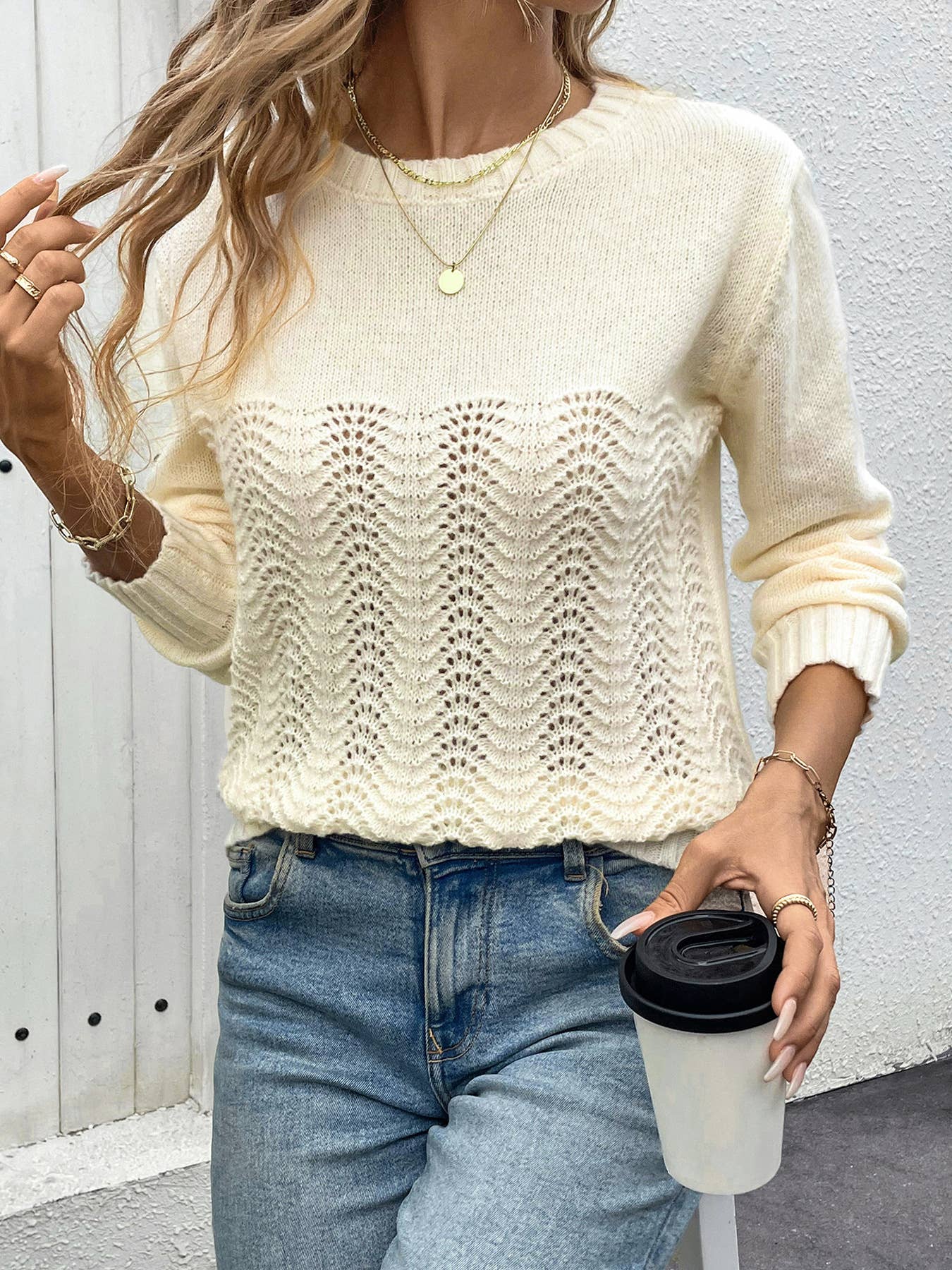 Solid-Color Simple Hollowed-Out Knitted Sweater