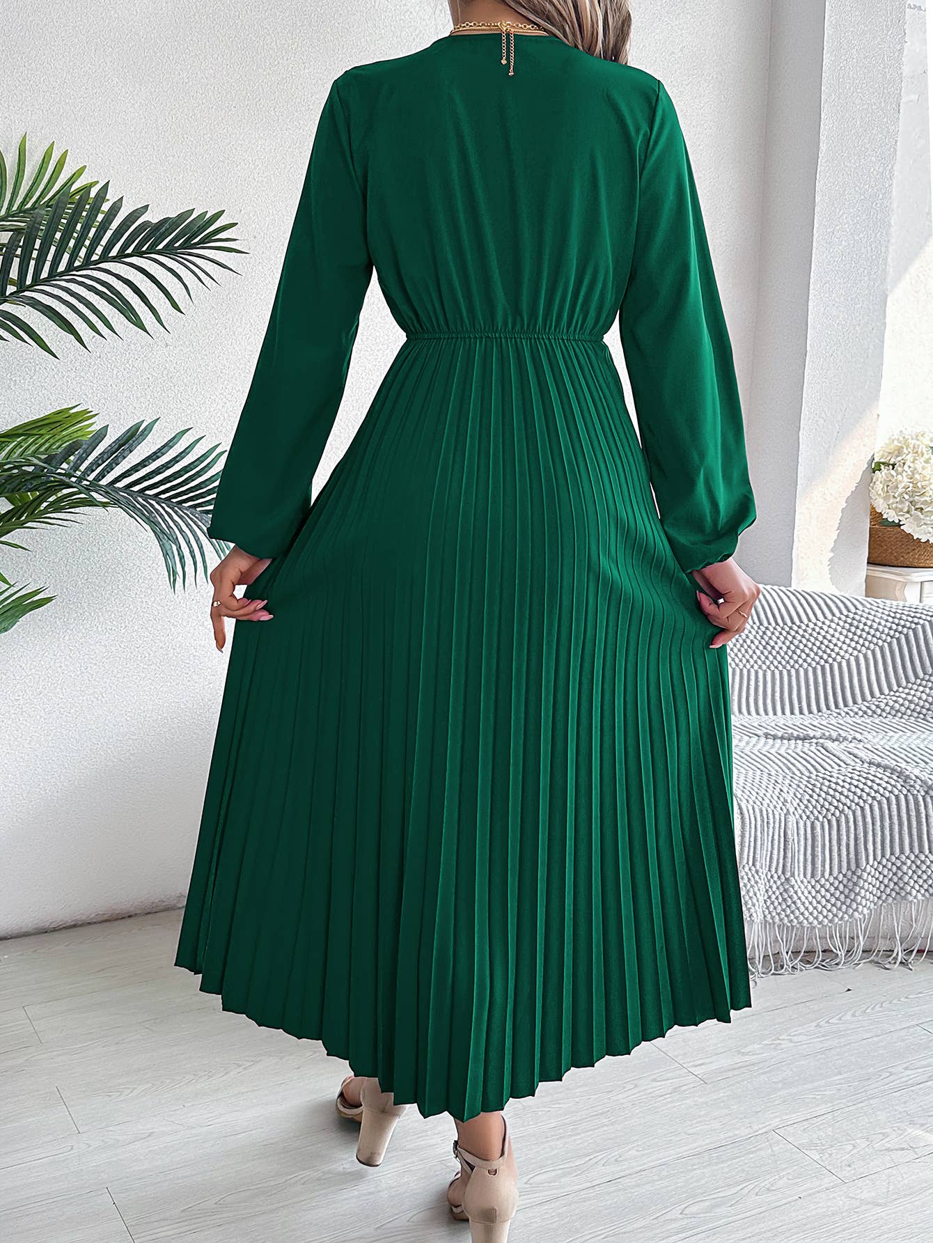 Triple V-Neck Long-Sleeved Waist Pleated Dress