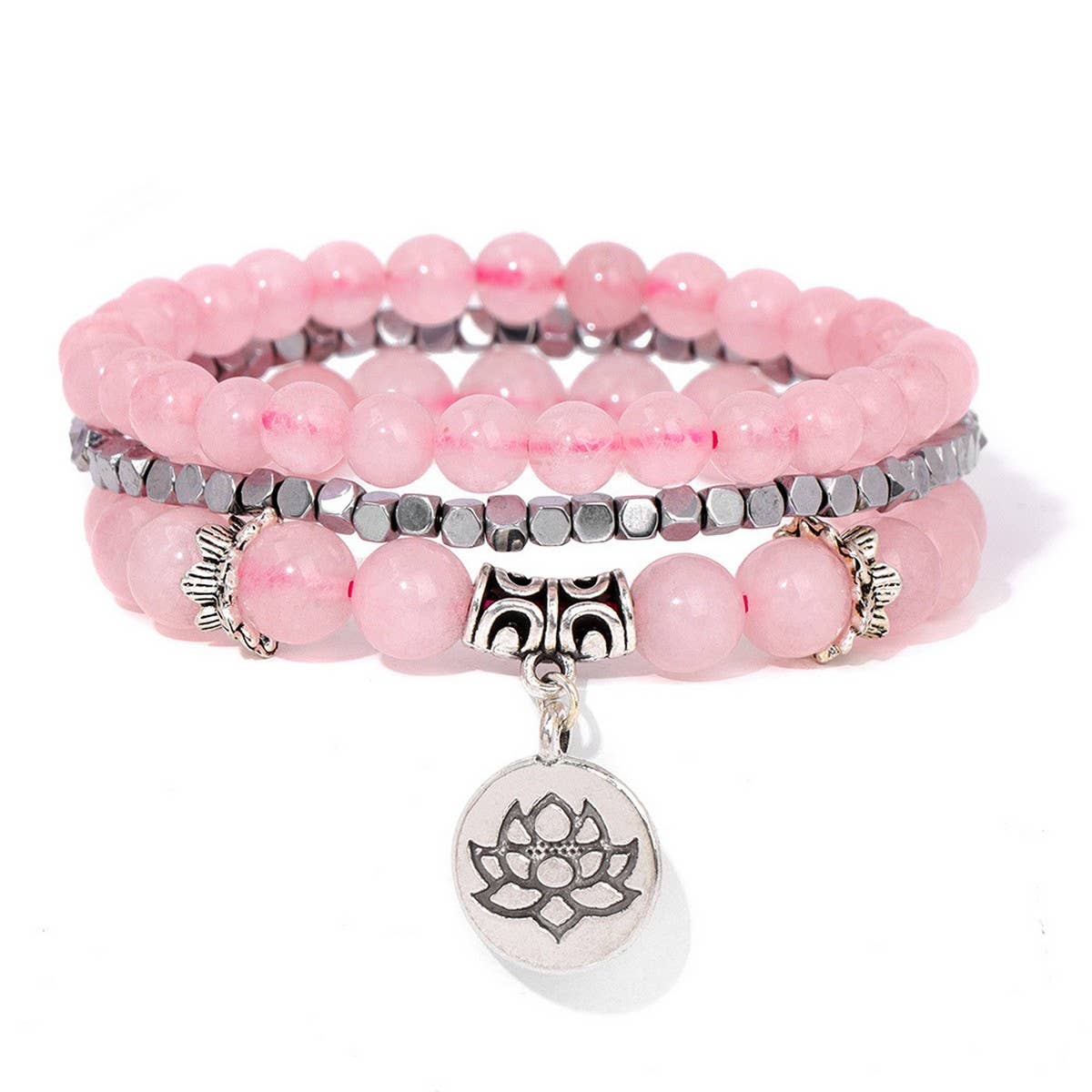 Cwaje4221_Natural Stone Beaded Bracelet with Lotus Charm