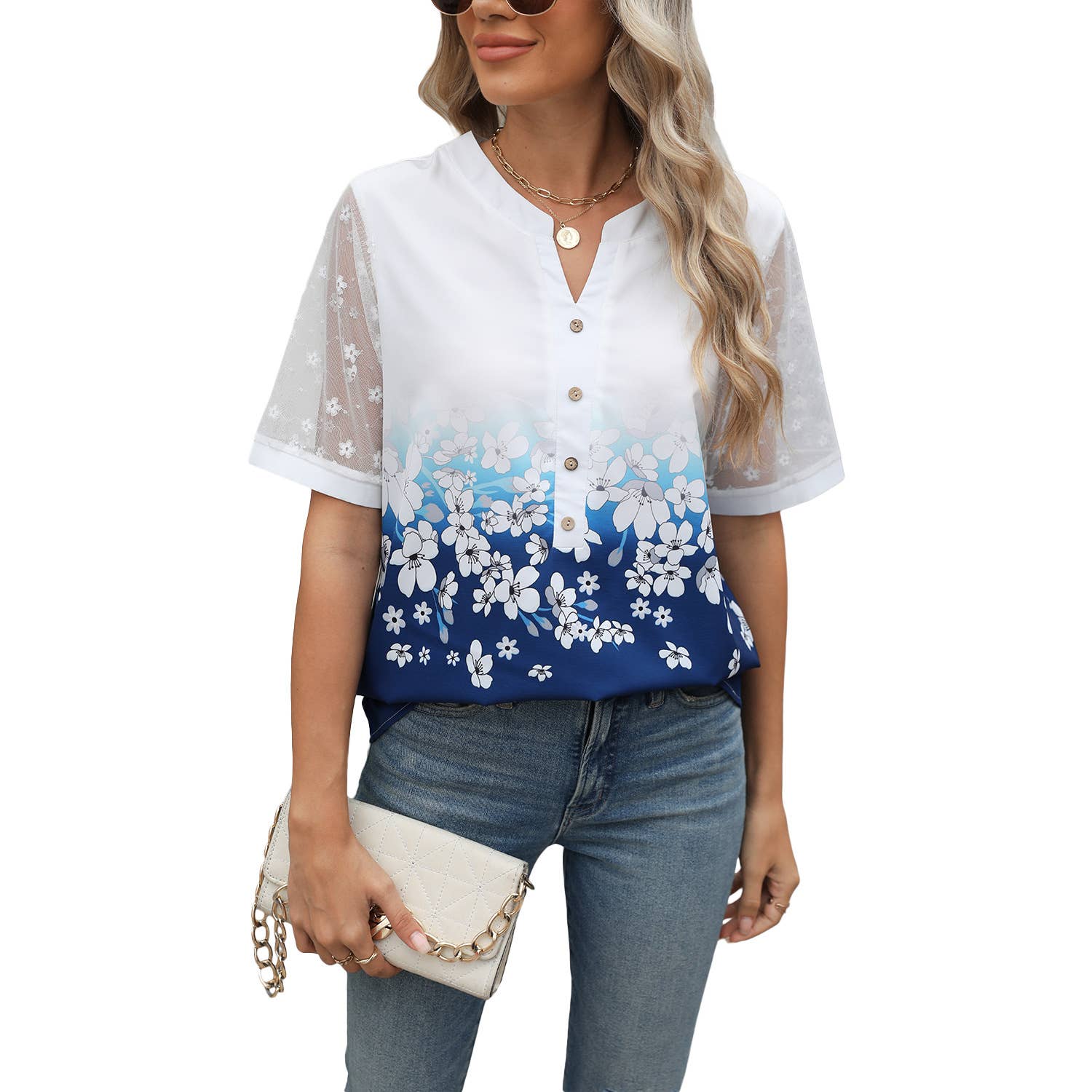V-Neck Printed Chiffon Top With Lace Sleeves