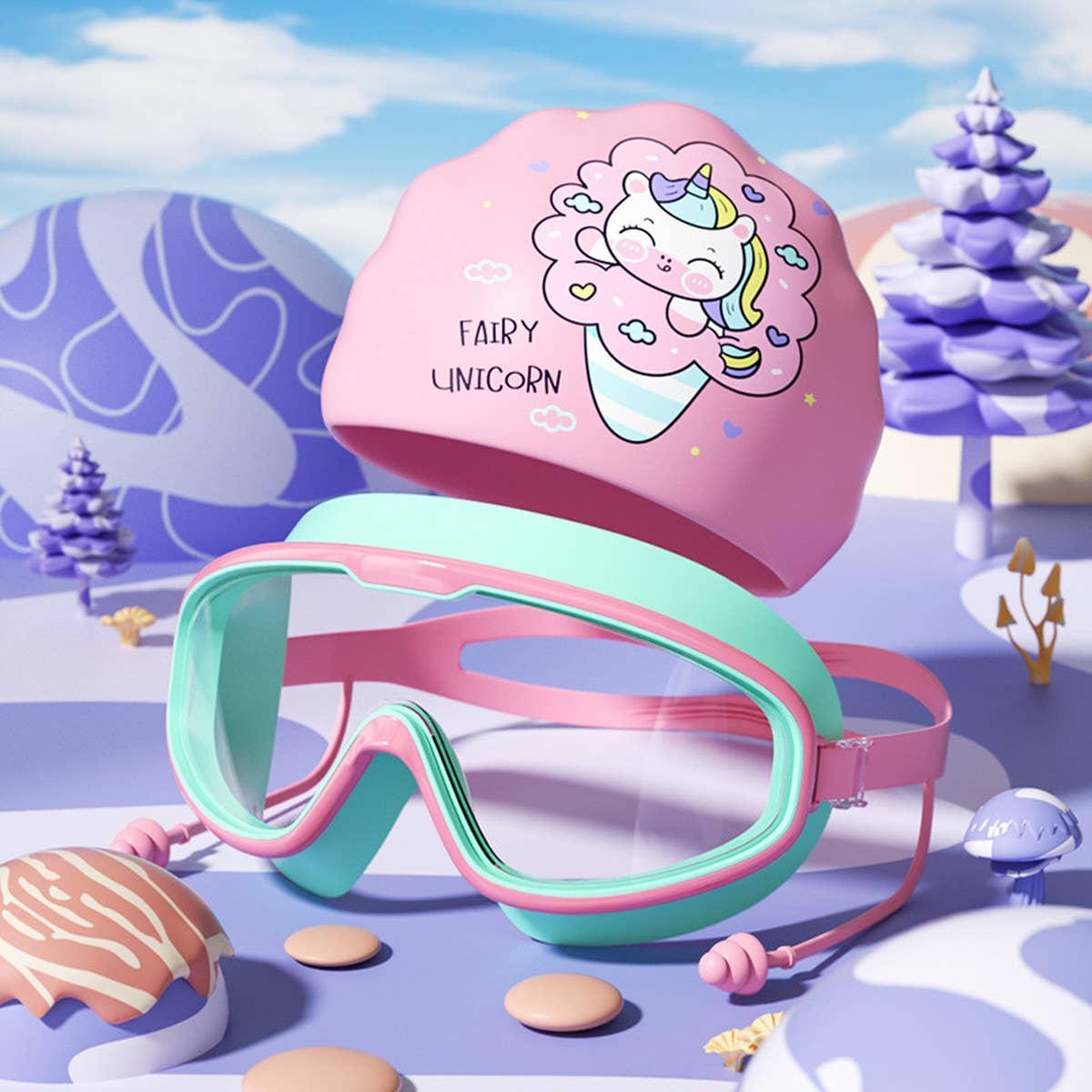KIDS SWIM GOGGLES CAP SET HD LARGE FRAME_CWMM6645