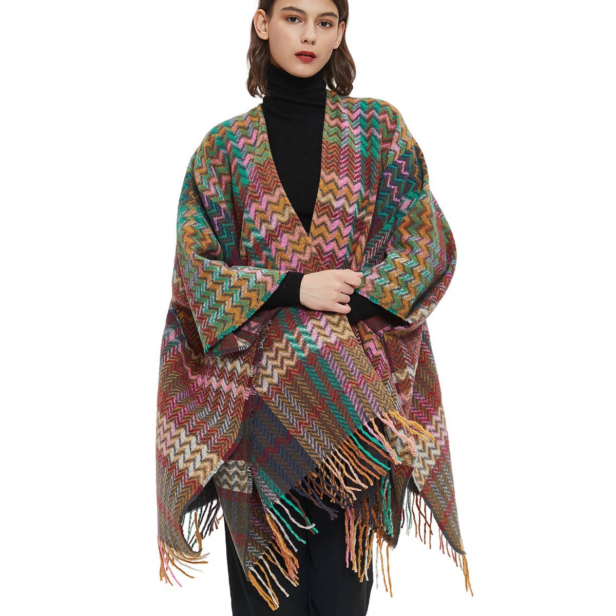 Women Fringe Knitted Poncho Cardigan Cape Shawl