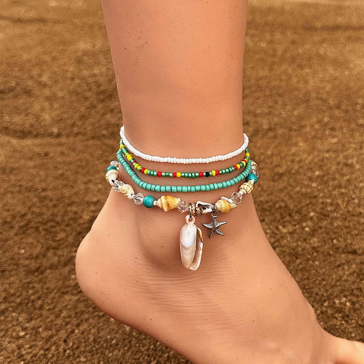 BOHO BEADED ANKLET STARFISH SHELL CHARMS_CWMM6344