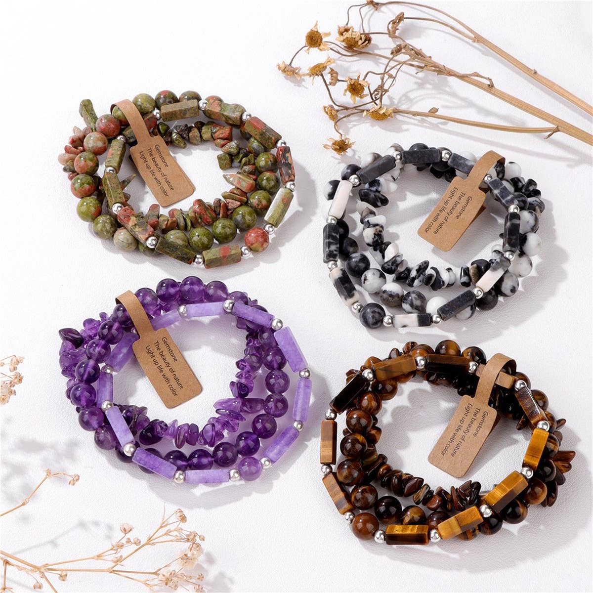 Cwaje3882_Rectangular Stone Beads Three-Piece Bracelet