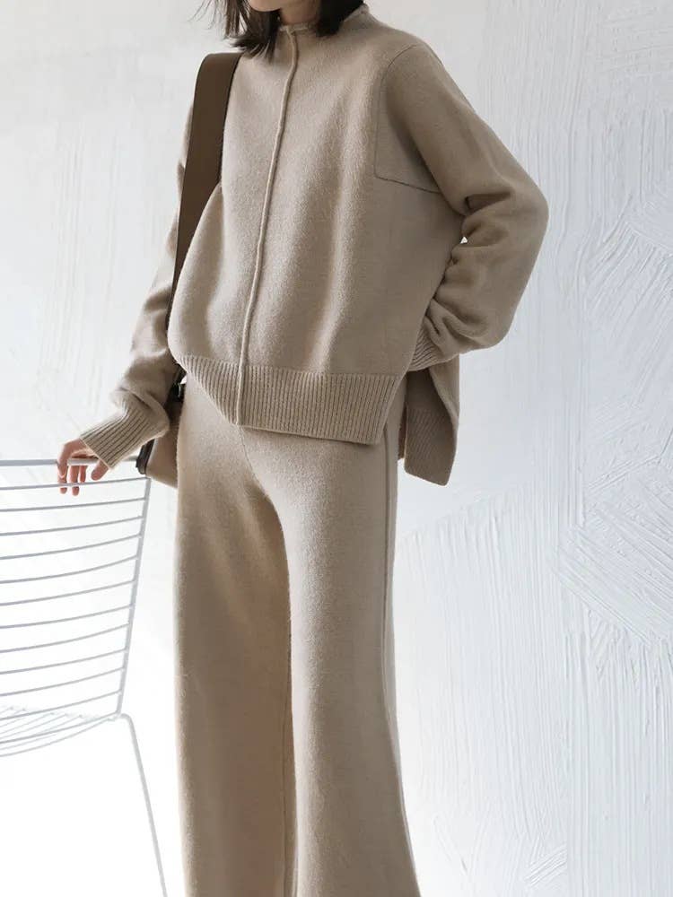 Sweater With Slit And Wide Leg Pants Knit Suit
