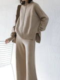 Sweater With Slit And Wide Leg Pants Knit Suit