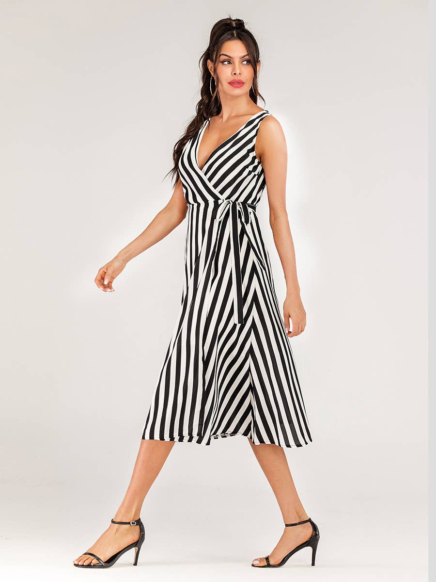 Striped Sleeveless Dress With Lace-Up V-Neck