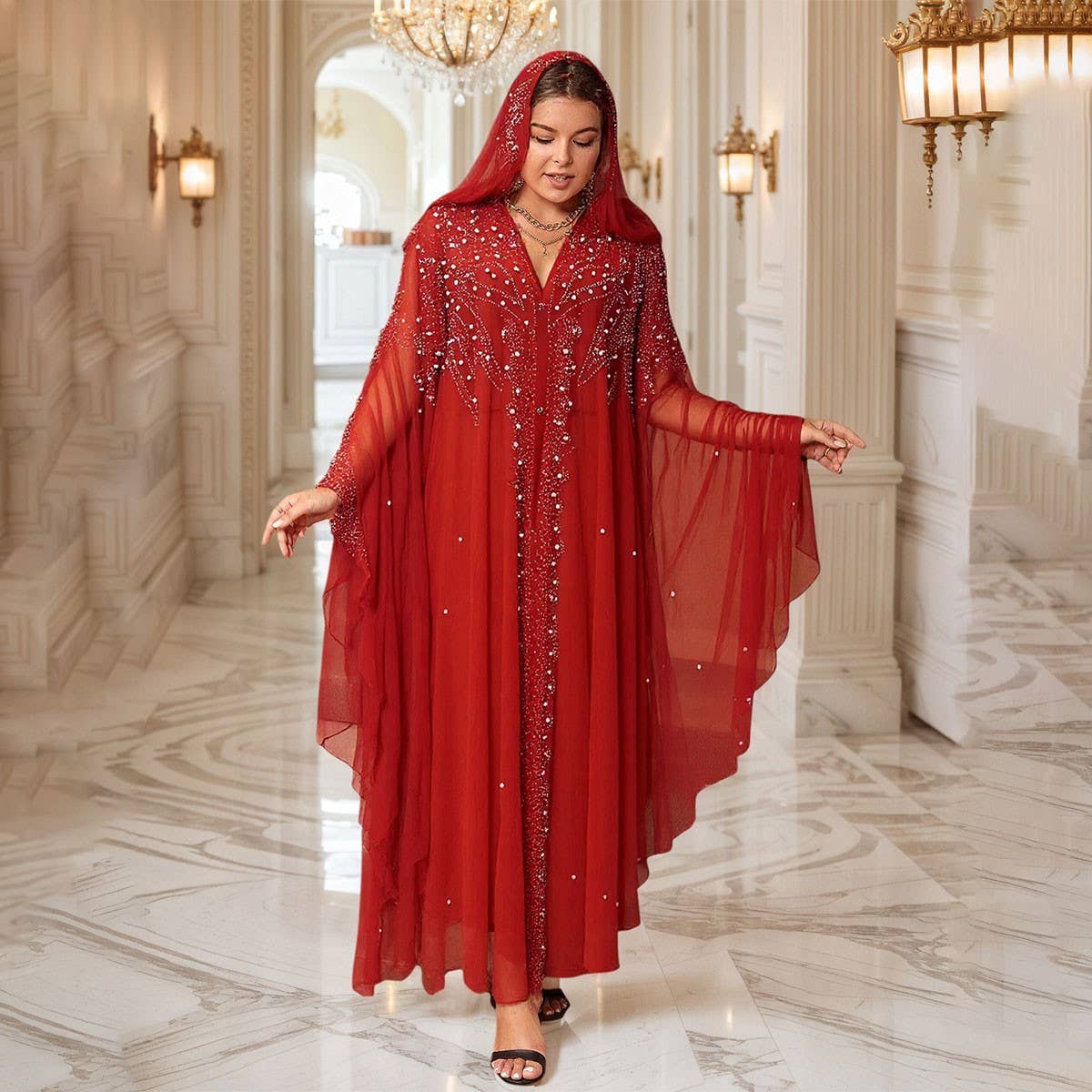 AFRICAN BEADED LONG ROBE MUSLIM CAPE HOODED DRESS_CWMM6138