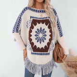 Womens Loose Long-Sleeved Knitted Tassel Cape