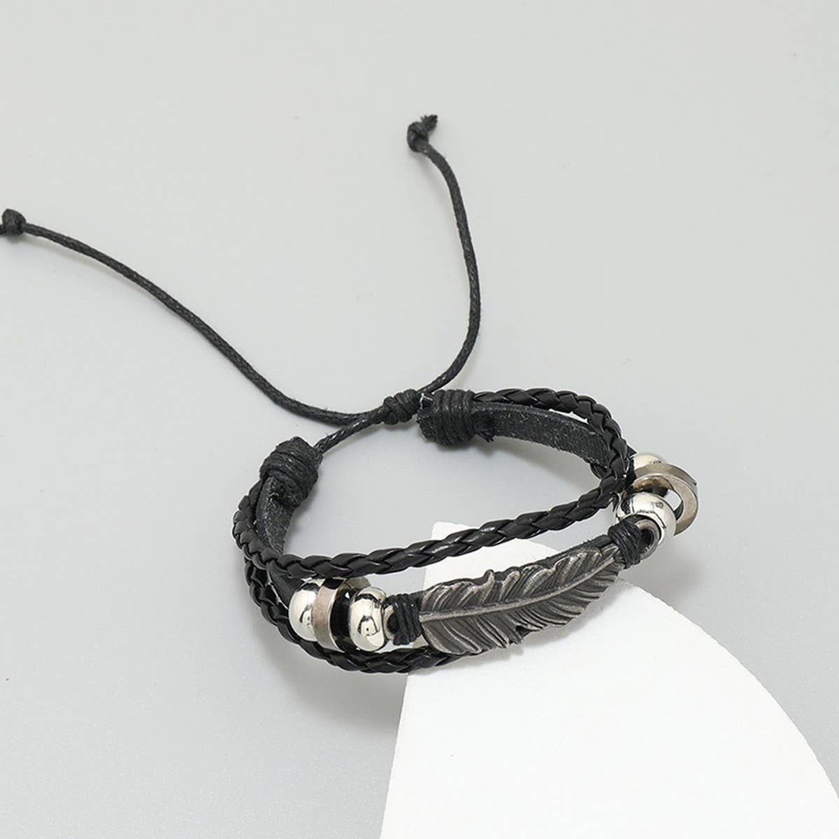 SIMPLE ALLOY FEATHER BEADED LEATHER BRACELET_CWMM4520