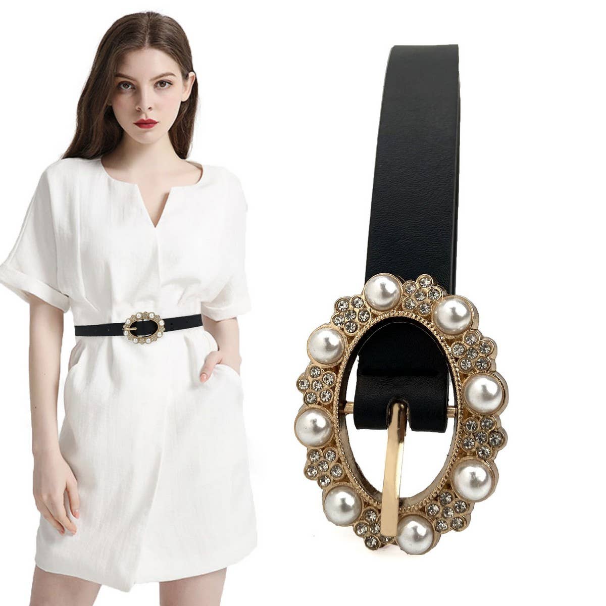 Women'S Pearl Rhinestone Thin Belt Waist Belt_Cwabe0699