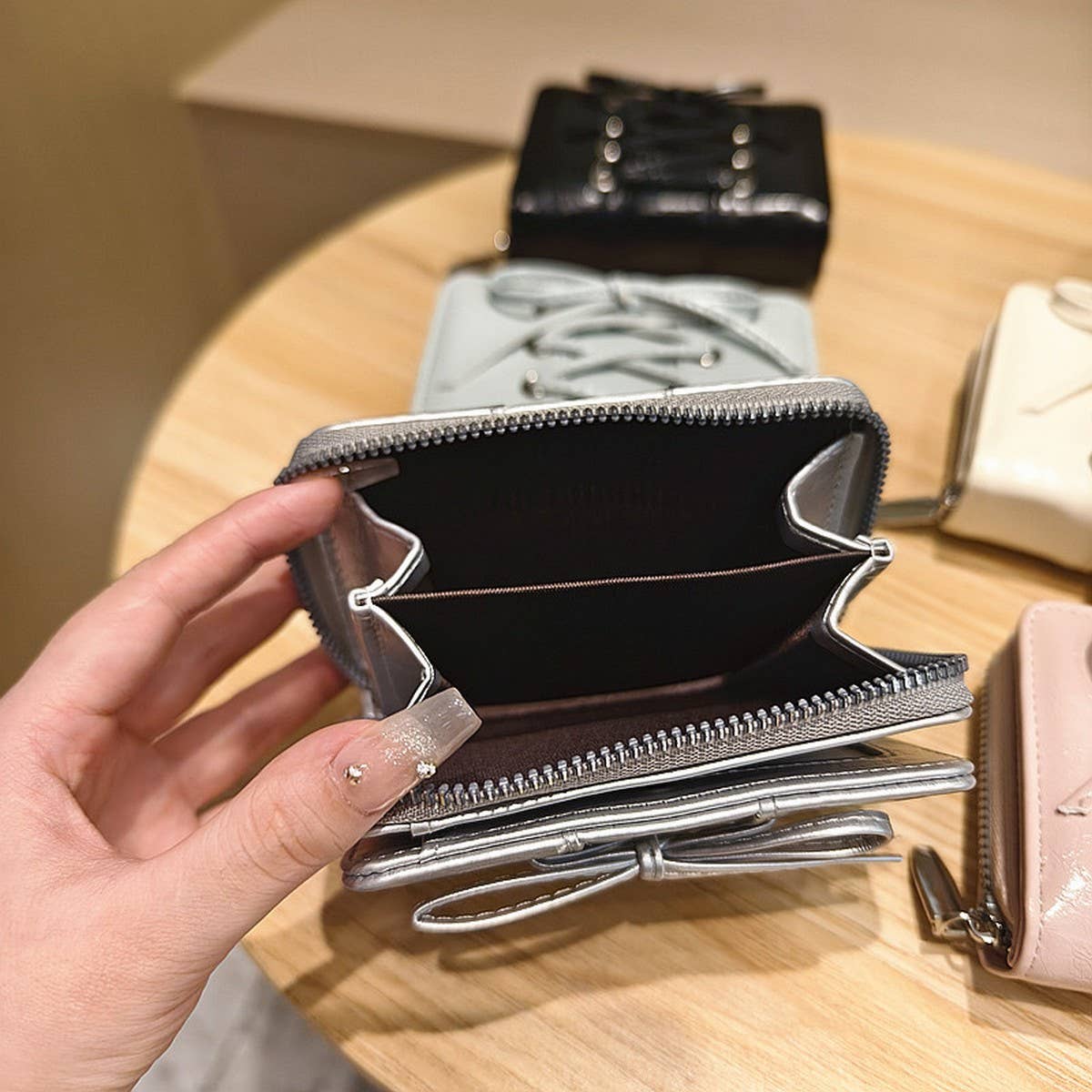 Solid Color Bow Pu Zipper Wallet, Large Capacity_Cwab06247