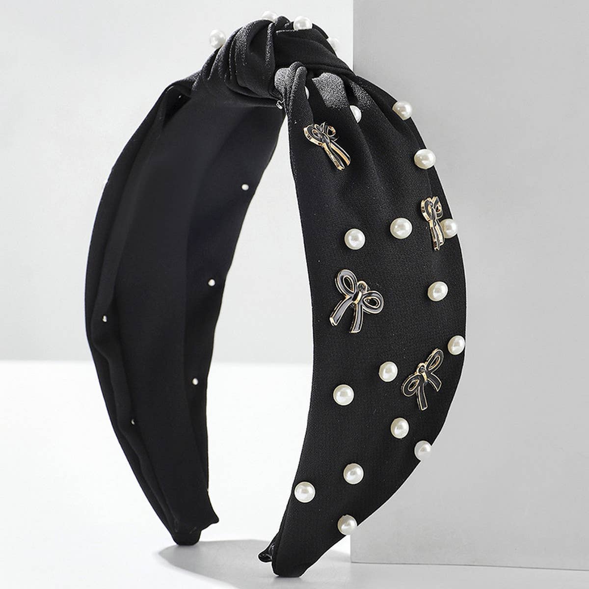 SOLID COLOR PEARL BOW KNOTTED WIDE BRIM HEADBAND_CWAHA2606