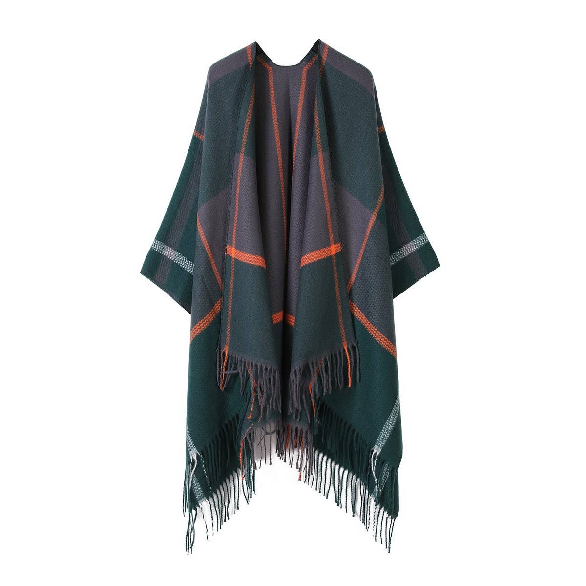 FRINGED SHAWL PLAID SCARF FAUX CASHMERE SLIT CAPE_CWASC2258