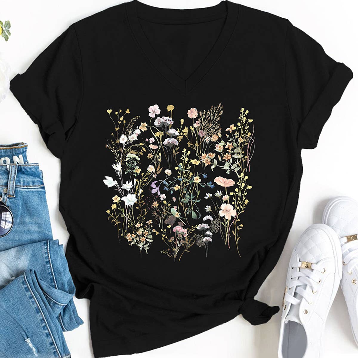 FLORAL V NECK GRAPHIC TEE FOR WOMEN LOOSE FIT_CWTTS1483