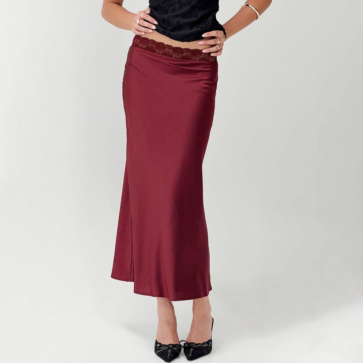 LACE WAIST SATIN SKIRT ELASTIC HIP LONG SKIRT_CWBSS0406