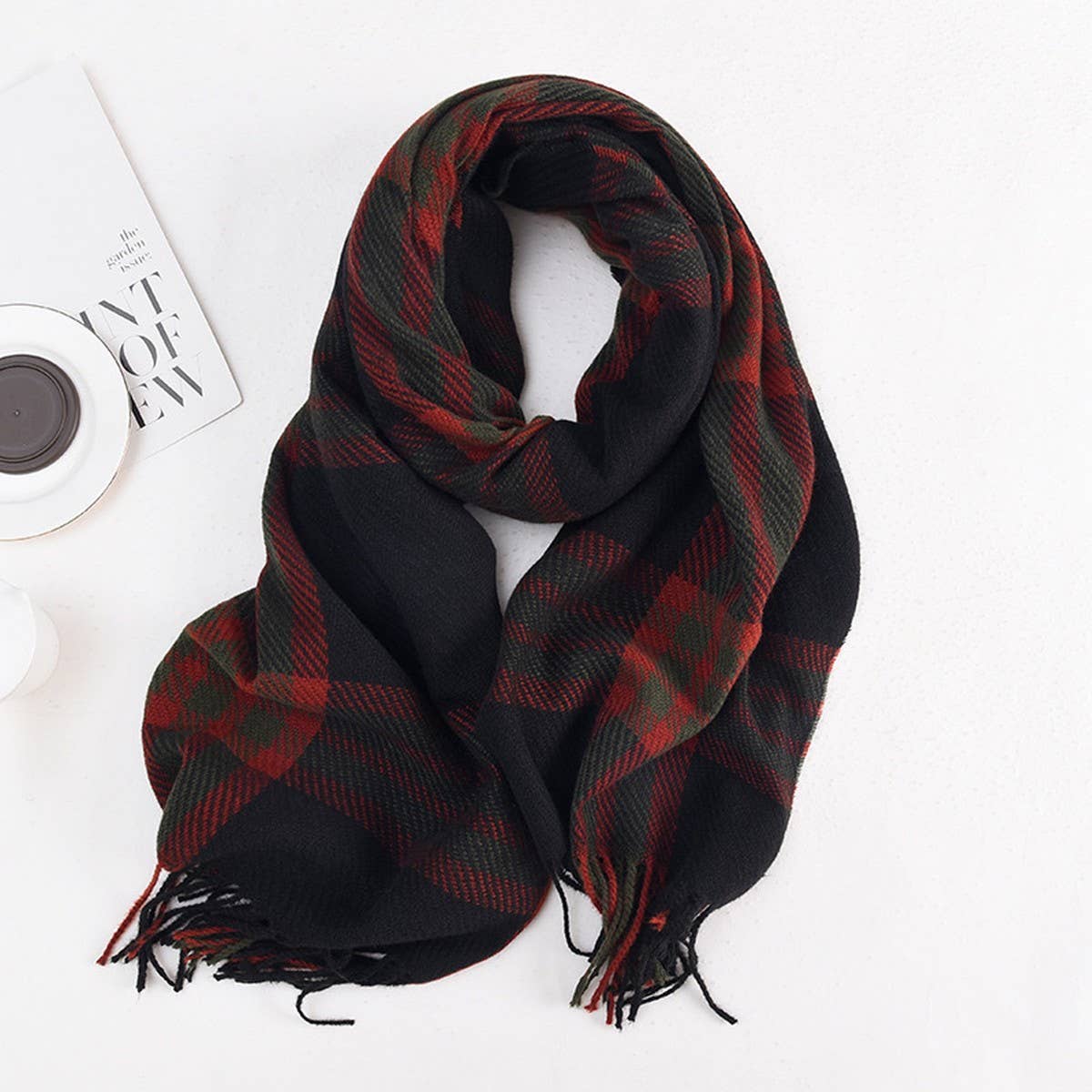 TASSEL PLAID WARM STUDENT SHAWL NECK SCARF_CWASC0409