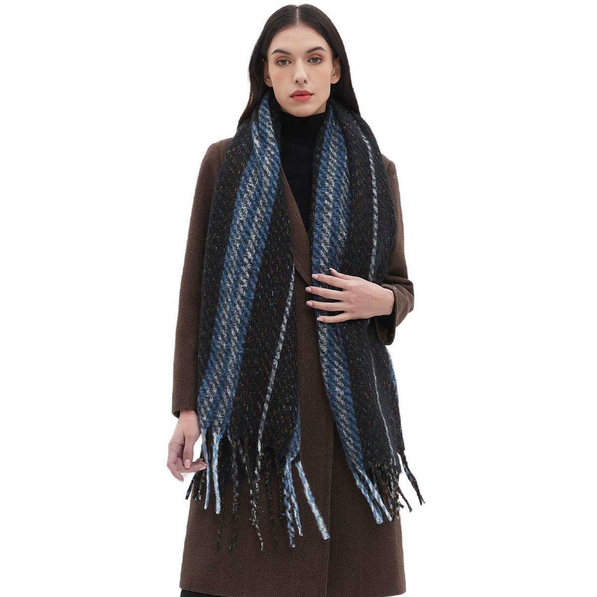 STRIPED FRINGE SCARF WINTER KNITTED SHAWL_CWASC0880