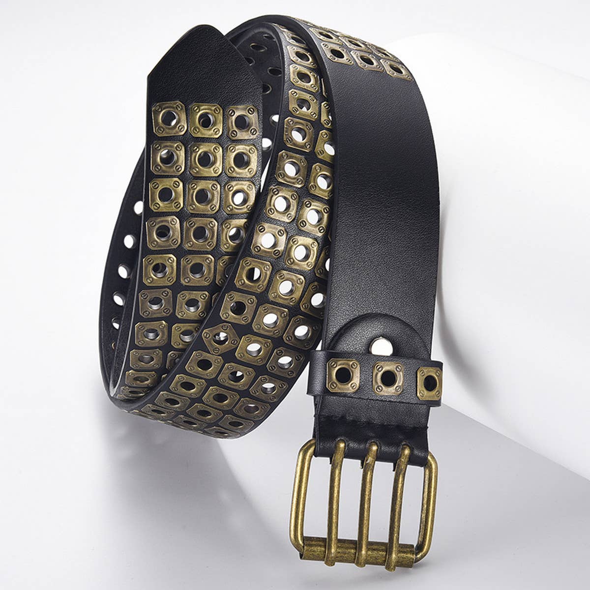SQUARE BEAD RIVET TRIPLE ROW EYELET PUNK BELT_CWABE0584
