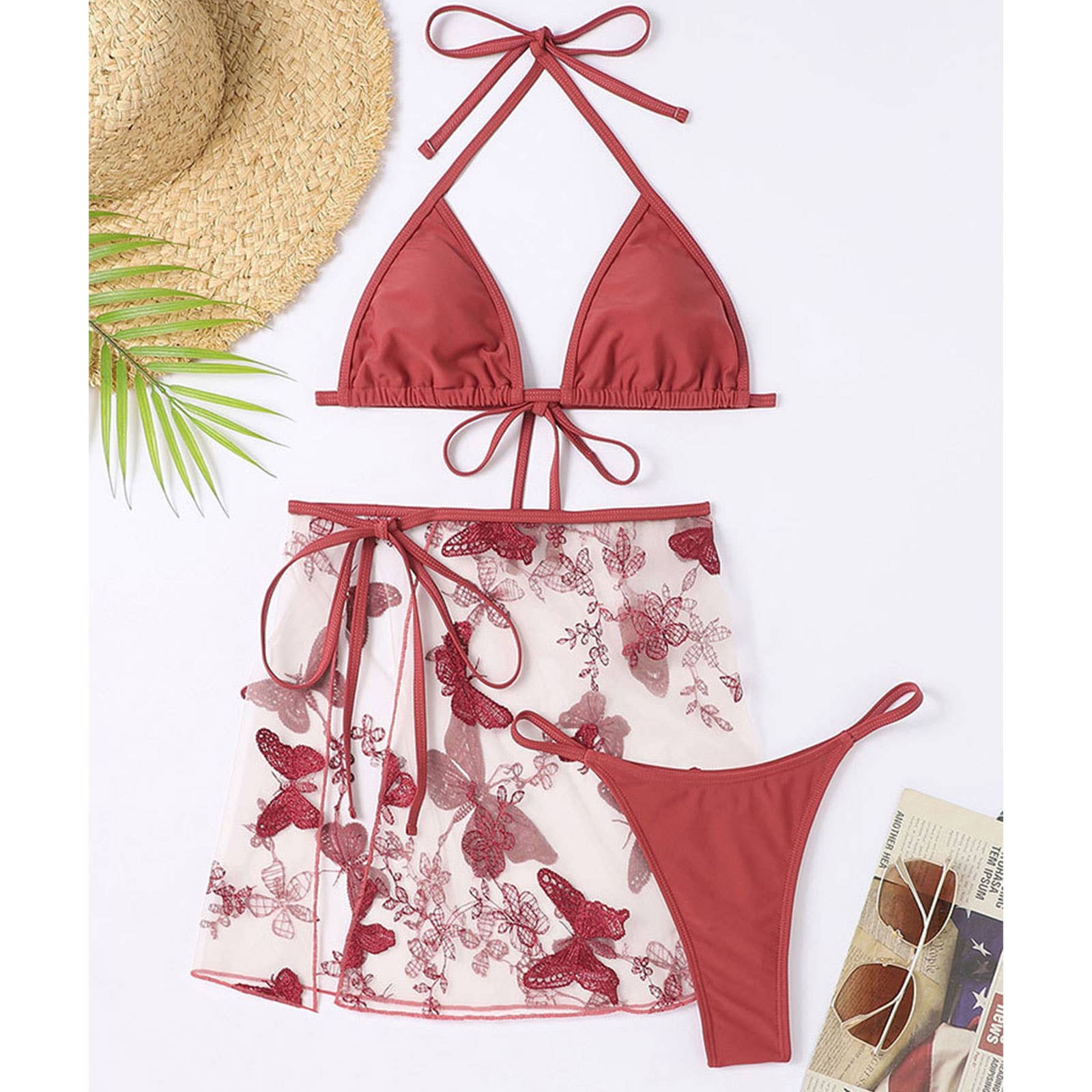 BUTTERFLY EMBROIDERY MESH 3PCS SET BIKINI SWIMWEAR_CWMW0781