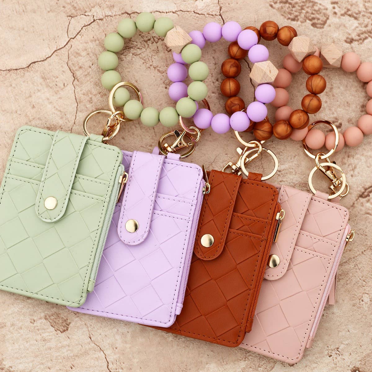 PLAID PU CARD WALLET WITH SILICONE BEAD KEYCHAIN_CWAB4970