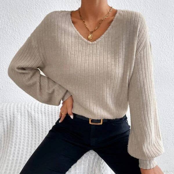 V-Neck Drop Shoulder Sleeved T-Shirt Loose Knit