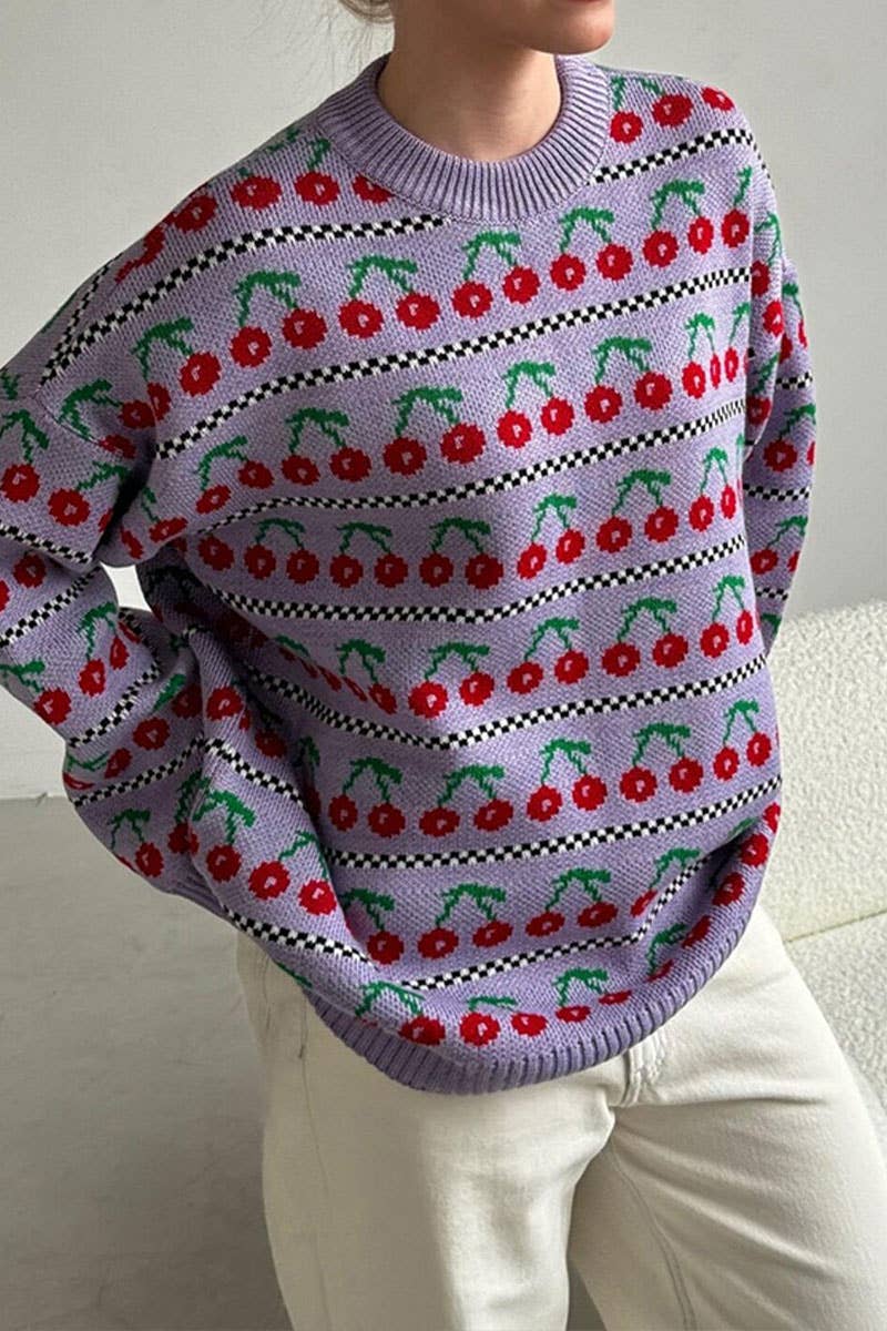 Vintage Cherry Jacquard Knit Crew Neck Pullover