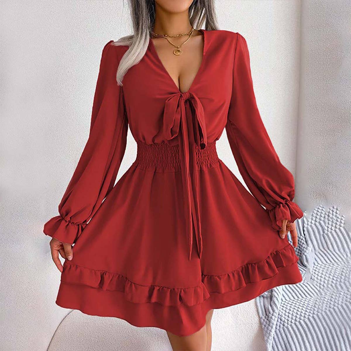 Sweet Wooden Ear Edge A-Line Short Dress