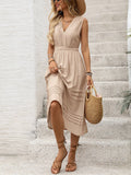 Solid Textured V-Neck Sleeveless Elastic Dress