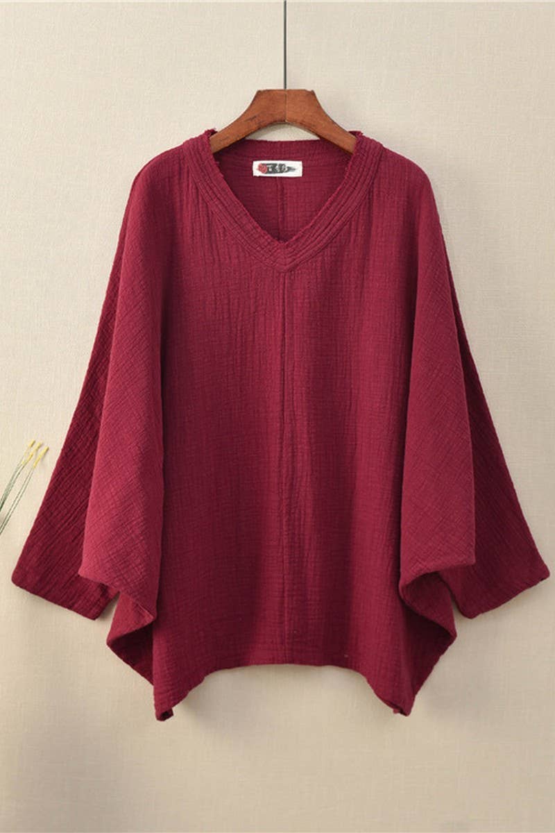 Cwtbll2463_Cotton And Linen Pullover V-Neck Bat T-Shirt