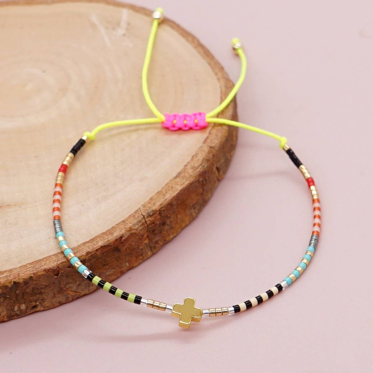 BOHEMIAN RAINBOW RICE BEADED CROSS BRACELET_CWMM3883