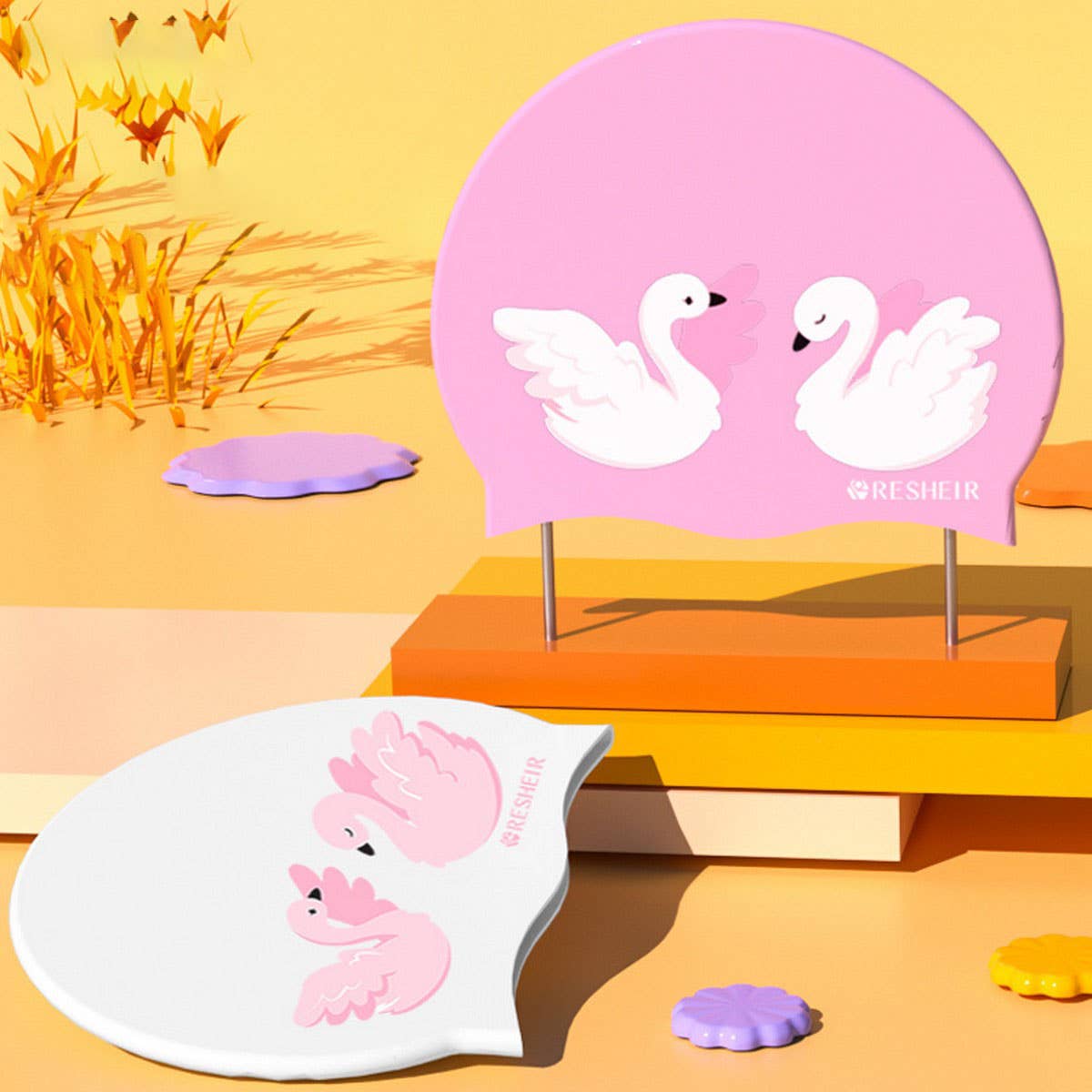 KIDS SILICONE SWIM CAP CUTE SWAN PRINT FOR GIRLS_CWMM6778