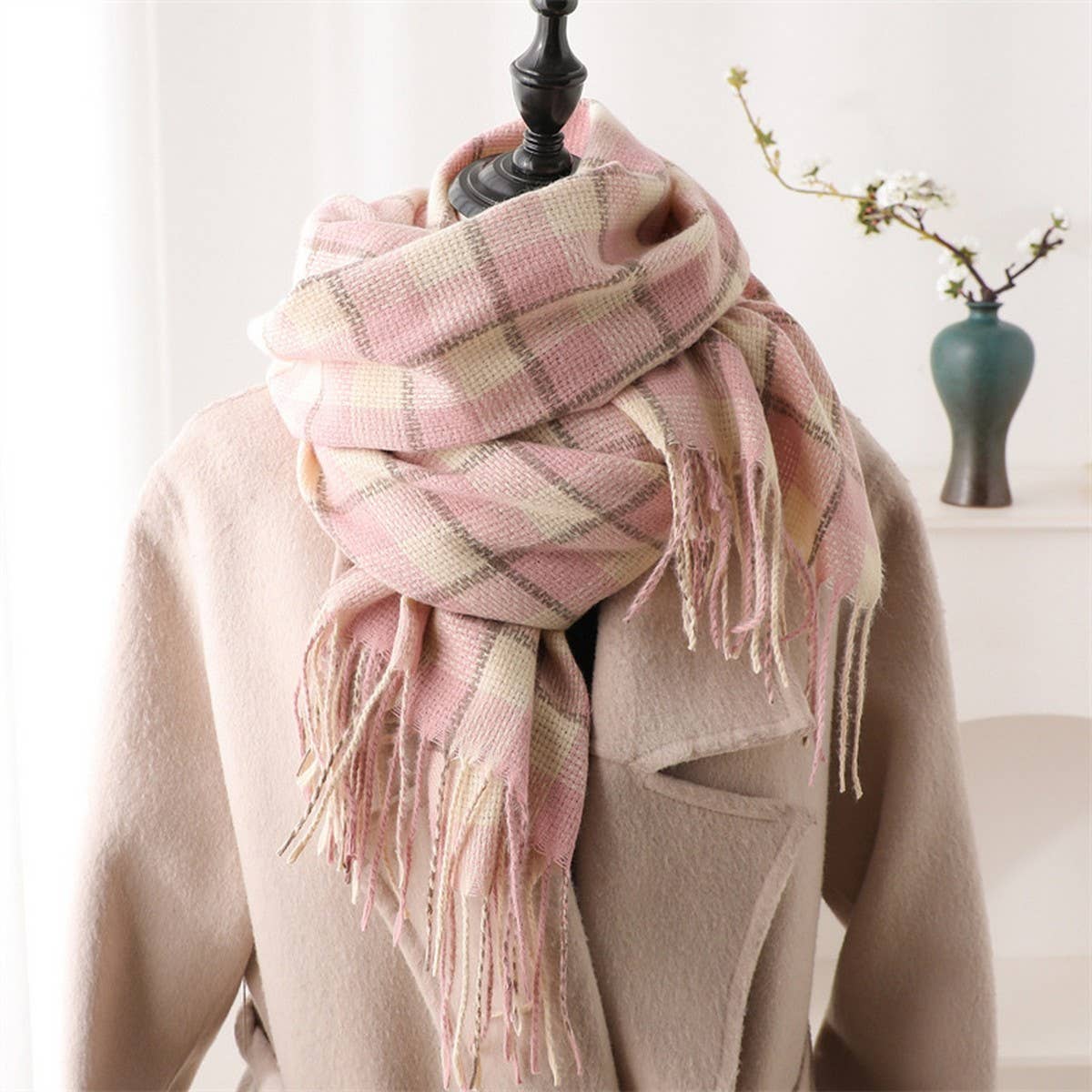PLAID FAUX CASHMERE SCARF COZY LONG FRINGE WRAP_CWASC1442